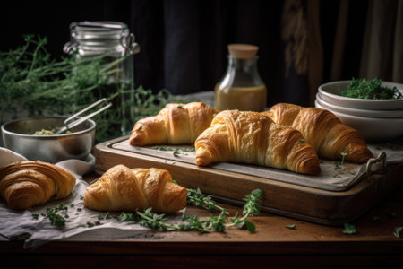 homemade croissants, rolled and ready to be baked, with windowsill full of herbs, created with generative aiの素材