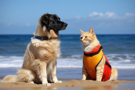 dog and cat lifeguards protecting their flock from the dangers of the deep blue sea, created with generative aiの素材