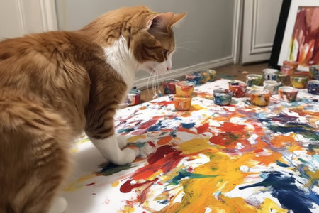 cat artist in action, moving paws and tails to paint expressive picture, created with generative aiの素材