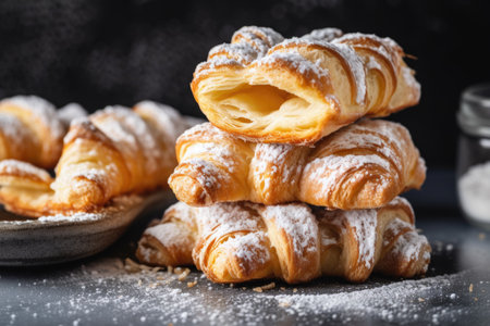 stack of croissants, layered with rich and flaky dough, and topped with a dusting of powdered sugar, created with generative aiの素材