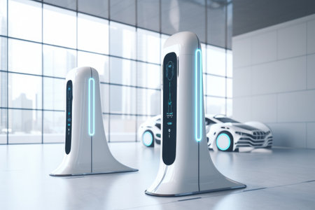 electric vehicle charging station with futuristic design, featuring sleek and streamlined elements, created with generative aiの素材