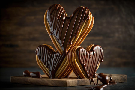heart-shaped churros stacked high and drizzled with chocolate sauce, created with generative aiの素材