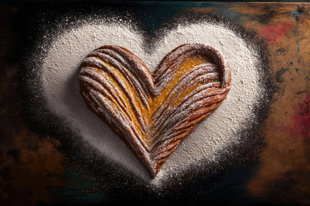 heart-shaped churro with drizzle of melted chocolate and sprinkle of powdered sugar, created with generative aiの素材
