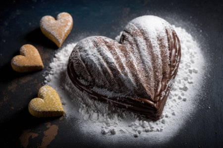 heart-shaped croissant with a layer of chocolate or almond paste and sprinkled with powdered sugar, created with generative aiの素材