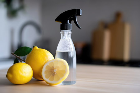 bottle of homemade lemon cleaner, with a spray nozzle attached, for easy and ecofriendly cleaning, created with generative aiの素材