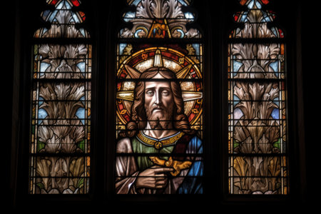 stained glass window, featuring the face of jesus, in a medieval church, created with generative aiの素材