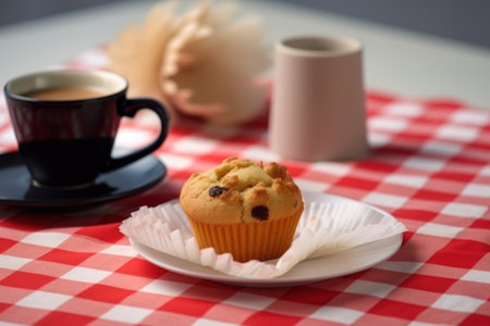 cup of tea, warm scone, and delicious muffin on checkered tablecloth, created with generative aiの素材