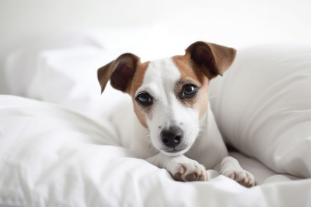 portrait of happy dog, lying in bed with head on pillow, looking at camera, created with generative aiの素材