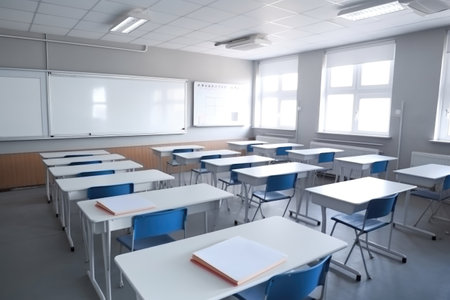 close-up of modern empty classroom with interactive whiteboard and tablets, created with generative aiの素材