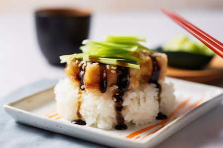 fresh sushi on rice with wasabi, ginger, and soy sauce, created with generative aiの素材
