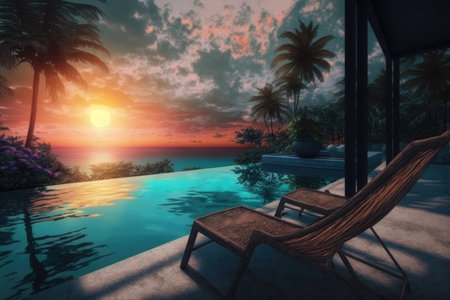 pool with sun lounger and view of the sunset in tropical getaway, created with generative aiの素材