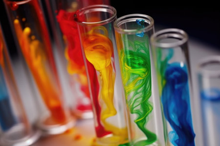 close-up of test tube and swirl of colorful solution inside, created with generative aiの素材