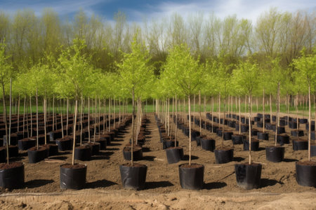 tree nursery with young trees being nurtured for future planting, created with generative aiの素材