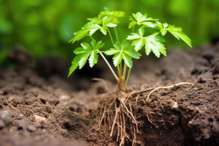 close-up of a tree sapling with its roots firmly in the soil, created with generative aiの素材