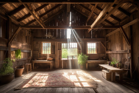 rustic barn with sun shining through the windows, illuminating the interior, created with generative aiの素材