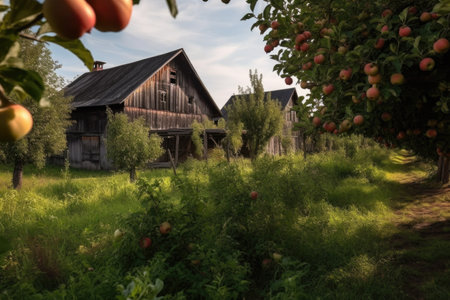 fruit orchard with rustic barn in the background, created with generative aiの素材