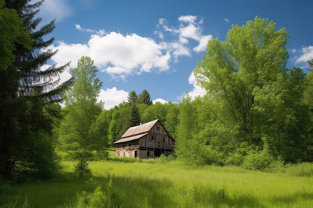 barn surrounded by lush green landscape, with tall trees and clear blue skies, created with generative aiの素材