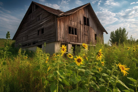 rustic barn with sunflowers, symbol of warmth and happiness, created with generative aiの素材