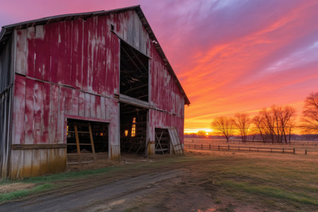barn sunrise, with streaks of pink and orange sky visible through the windows, created with generative aiの素材