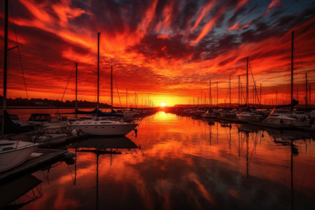 dramatic sunset over marina, with sailboats silhouetted against the red and orange sky, created with generative aiの素材