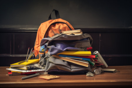 packed school backpack with books, pencils, and other essentials, created with generative aiの素材