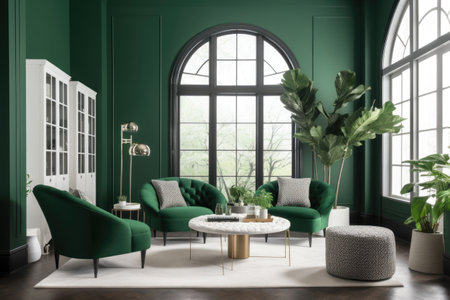 a pop of color in a room with drab walls and greenery, created with generative aiの素材