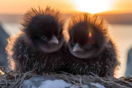 three penguin chicks huddled together on icy cliff, with the sun setting in the background, created with generative aiの素材