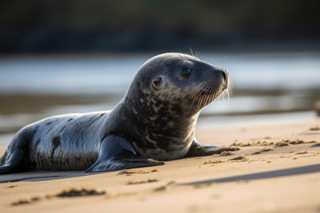 seal pup basking in the sun on serene and peaceful shore, created with generative aiの素材