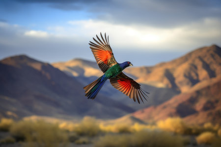 a colorful bird in flight over a scenic landscape, created with generative aiの素材