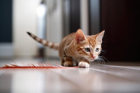 playful kitten chasing feather on the floor, created with generative aiの素材