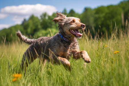 playful dog jumping and rolling in lush grassy meadow, created with generative aiの素材