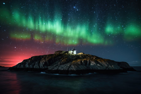 northern lights over remote island, with the stars shining in the sky, created with generative aiの素材