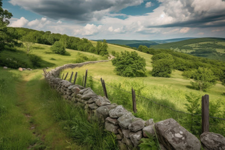 rolling hills with stone wall fence, winding through the landscape, created with generative aiの素材