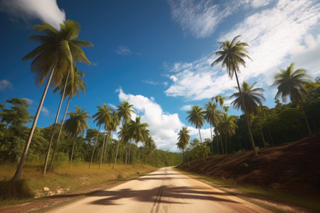 scenic road trip through a tropical paradise, with palm trees and blue skies, created with generative aiの素材