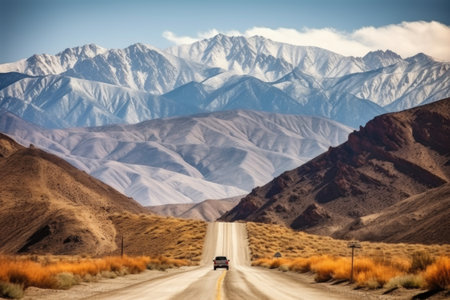 scenic road trip through mountain range, with majestic peaks in the background, created with generative aiの素材