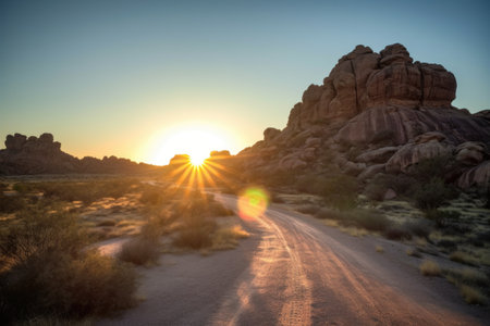 scenic road trip through the desert with cactus, sandstone formations and the sun setting in the background, created with generative aiの素材