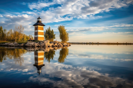 reflection of historic lighthouse and tranquil lake in scenic landscape, created with generative aiの素材