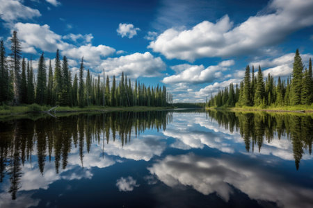 reflections of the sky and clouds on serene lake, created with generative aiの素材