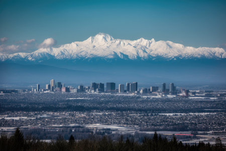 snow-capped mountain in the foreground, with city skyline visible in the distance, created with generative aiの素材