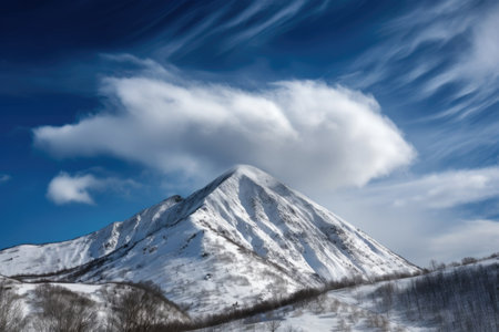 snowy mountain peak with wispy clouds and blue sky, created with generative aiの素材