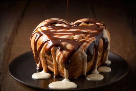 heart-shaped cinnamon roll topped with drizzle of warm melted chocolate, created with generative aiの素材