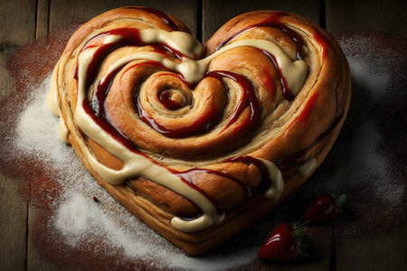 heart-shaped cinnamon roll surrounded by warm, sweet icing, created with generative aiの素材