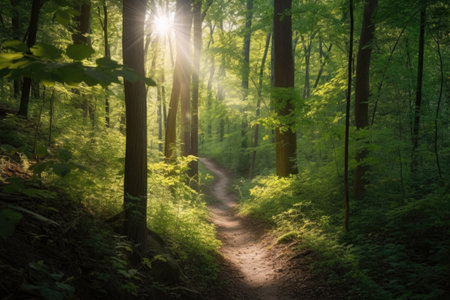 hiking trail through lush forest, with sunlight filtering through the trees, created with generative aiの素材