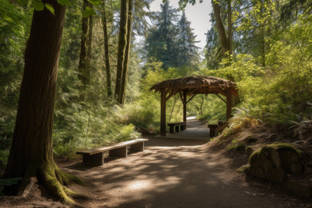 hiking trail with canopy of trees providing shade and shelter, created with generative aiの素材