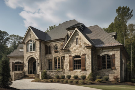 luxury home with custom exterior features, such as stone accents and window treatments, created with generative aiの素材