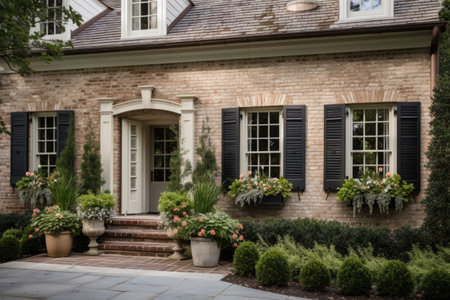brick exterior with shutters and window boxes, created with generative aiの素材