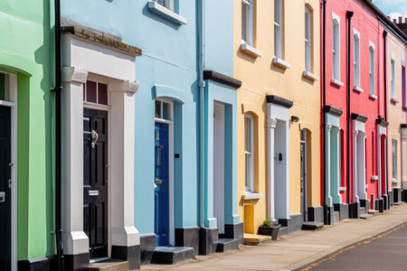 a row of terraced houses with colourful door and window surrounds, created with generative aiの素材