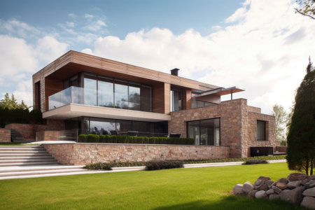 home with natural stone exterior and contemporary design elements, created with generative aiの素材