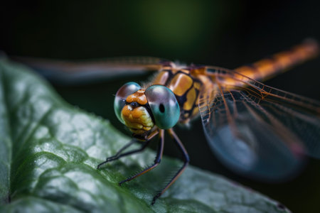 macro shot of dragonfly resting on leaf, created with generative aiの素材