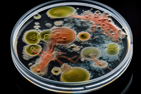 close-up of petri dish, with microbes growing in their culture medium, created with generative aiの素材